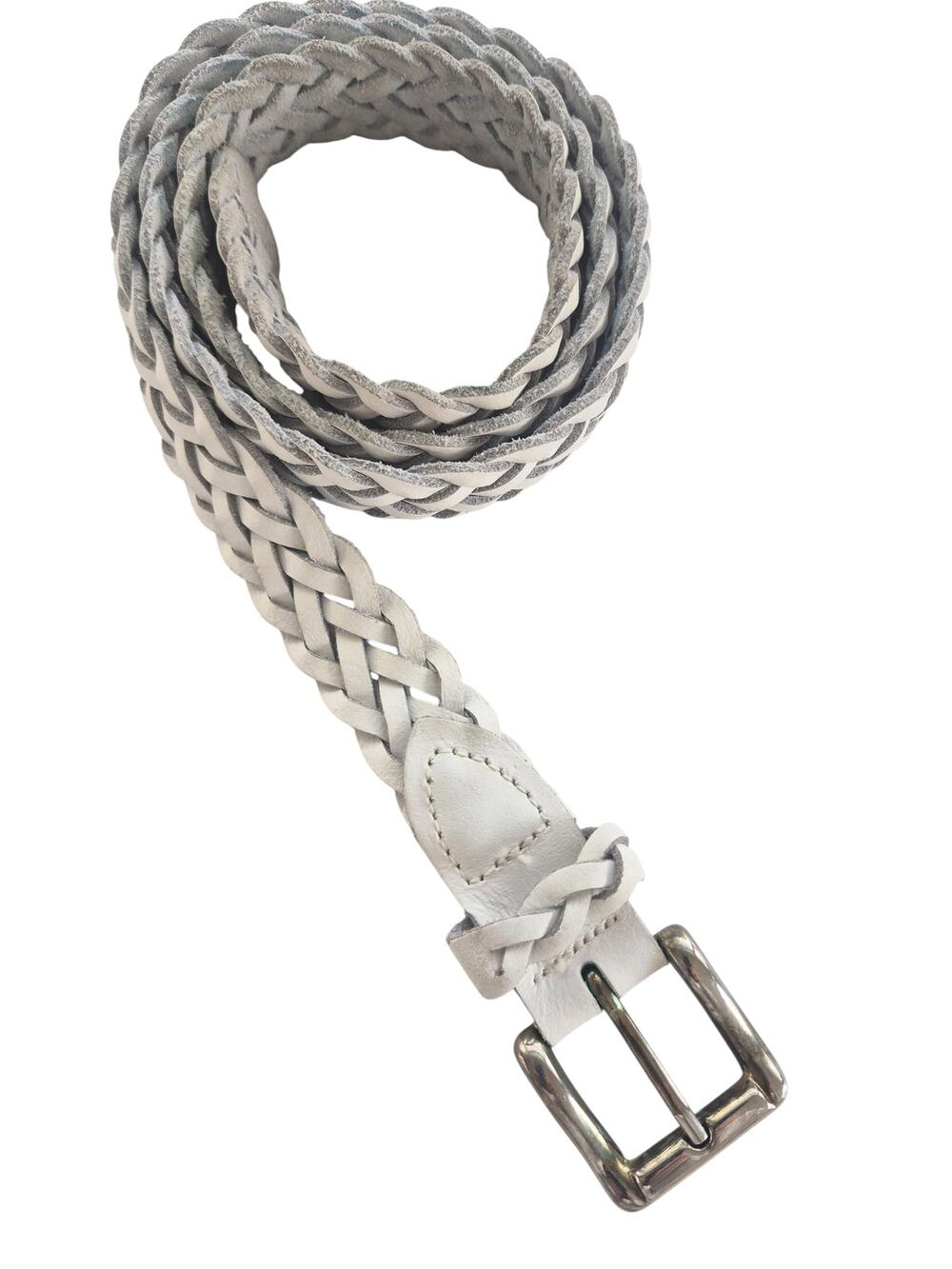 Vintage Braided Leather Belt Womens Size Med White Silver Tone Buckle